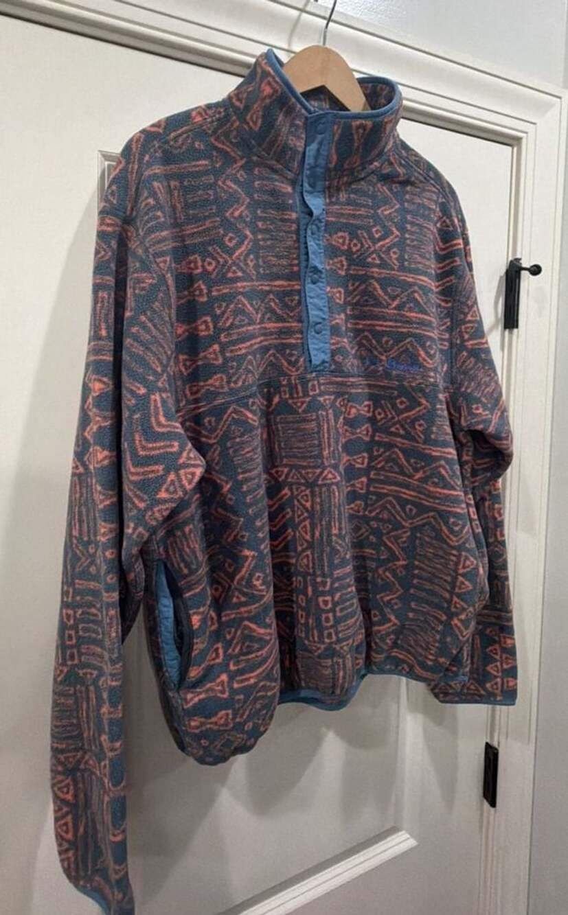 L.L. Bean Snap-T Fleece Pullover WL/MM REG Blue Aztec Print - Picture 2 of 5
